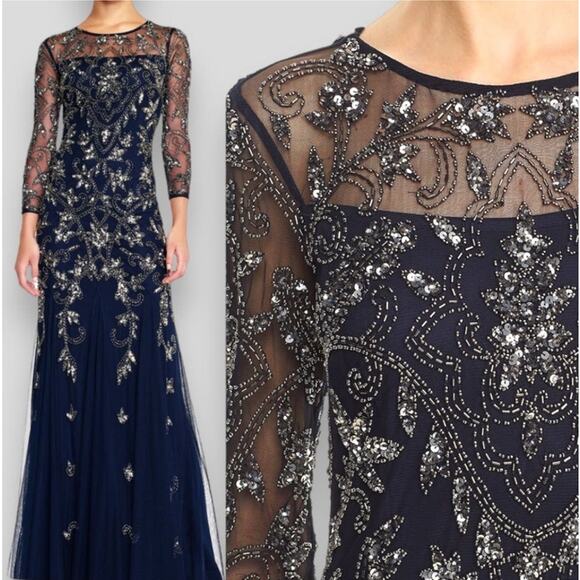 ADRIANNA PAPELL DRESS 4 GOWN SEQUIN BEADED GODETS BLUE SILVER MESH SHEER LONG - Picture 1 of 16